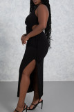 Zwarte sexy effen bandage uitgeholde patchwork hoge opening asymmetrische kraag lange jurken