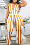 Black Casual Striped Print Bandage Patchwork Straight Halter Jumpsuits