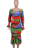 Rode elegante print patchwork vierkante kraag lange jurken