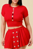 Red Elegant Solid Hollowed Out Patchwork Buttons O Neck Short Sleeve Two Pieces Short Sleeves Tops And Pleated Skirts Sets