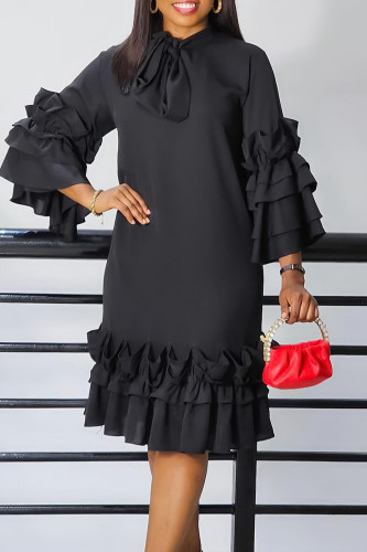 Zwarte elegante effen patchwork volant met rechte jurken met strik en O-hals