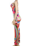 Vestidos con tirantes de espagueti sin espalda con retazos de bloques de color de calle multicolor