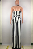 Black Casual Striped Print Bandage Patchwork Straight Halter Jumpsuits