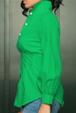Verde elegante sólido patchwork fivela turndown colarinho plus size tops
