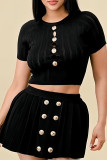 Black Elegant Solid Hollowed Out Patchwork Buttons O Neck Short Sleeve Two Pieces Short Sleeves Tops And Pleated Skirts Sets