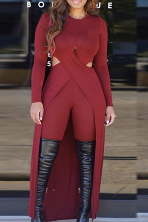 Burgundy Casual Solid Hollowed Out Patchwork O Neck Long Sleeve Two Pieces