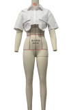 Weiße, lässige, solide Patchwork-Hemdkragen-Oberteile mit Taschenschnalle