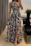Blue Sexy Casual Print Patchwork Backless Slit Oblique Collar Long Dress