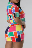 Boutons imprimés décontractés multicolores, col de chemise, manches longues, deux pièces