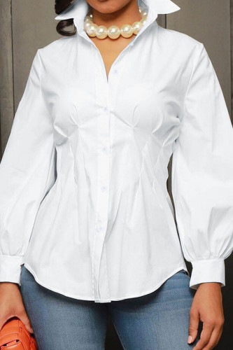White Elegant Solid Patchwork Buckle Turndown Collar Plus Size Tops