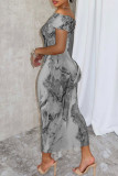 Grey Casual Street Daily Elegant Vacation Mixed Printing Printing Contrast Off the Shoulder Dresses