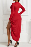 Красные повседневные однотонные платья в стиле пэчворк с V-образным вырезом и длинными рукавами