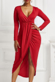 Paarsachtig rood casual effen patchwork jurken met V-hals en lange mouwen