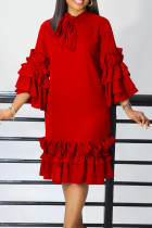 Rote, elegante, solide Patchwork-Volantkleider mit Schleife und geradem O-Ausschnitt