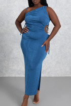 Blauwe sexy effen bandage uitgeholde patchwork hoge opening asymmetrische kraag lange jurken