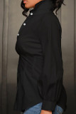 Black Elegant Solid Patchwork Buckle Turndown Collar Plus Size Tops