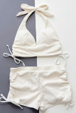 Cream White Sportswear Solid Bandage Patchwork Swimwears(With Paddings)