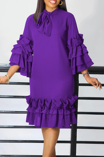 Púrpura Elegante Patchwork Sólido Volante Con Lazo O Cuello Vestidos Rectos