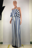Blauwe casual gestreepte patchwork volant strapless losse jumpsuits