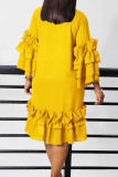 Gele elegante effen patchwork volant met rechte jurken met strik en O-hals