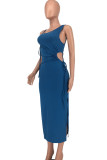 Blauwe sexy effen bandage uitgeholde patchwork hoge opening asymmetrische kraag lange jurken