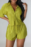 Green Casual Solid Bandage Patchwork Buckle Fold Shirt Collar Half Sleeve Two Pieces Blouse Tops And Shorts Sets