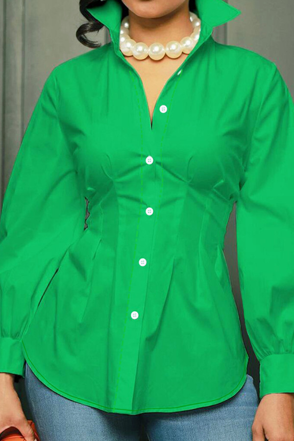 Verde elegante sólido patchwork fivela turndown colarinho plus size tops