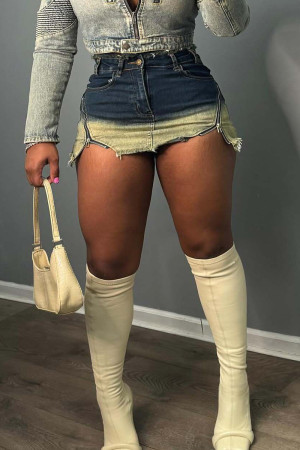 Blue Vintage Gradual Change Patchwork Pocket Buttons Slit Zipper High Waist Regular Colorblock Print Denim Mini Skirts