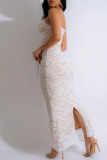 Белые сексуальные однотонные лоскутные платья с разрезом на бретельках-спагетти