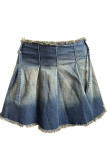 Blue Vintage Patchwork Pleated High Waist Boot Cut Denim Pleated Mini Skirts