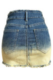 Blue Vintage Gradual Change Patchwork Pocket Buttons Slit Zipper High Waist Regular Colorblock Print Denim Mini Skirts