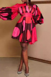 Rode elegante print patchwork V-hals A-lijn jurken