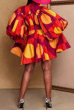 Gele elegante print patchwork V-hals A-lijn jurken