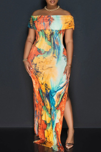 Orangefarbenes, schulterfreies, bedrucktes Patchwork-Kleid mit hohem Öffnungsdruck und elegantem Print