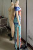 Blauwe elegante print patchwork hoge opening off-shoulder bedrukte jurken