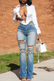 Azul claro rua rasgado retalhos bolso botões zíper cintura alta jeans regular