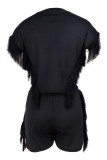 Black Casual Solid Tassel Patchwork Asymmetrical O Neck Short Sleeve Two Pieces