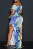 Blauwe elegante print patchwork hoge opening off-shoulder bedrukte jurken