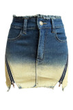 Blue Vintage Gradual Change Patchwork Pocket Buttons Slit Zipper High Waist Regular Colorblock Print Denim Mini Skirts