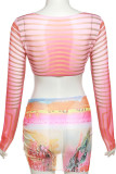 Pink Street Print Patchwork Draw String O Neck Three Quarter Two Pieces