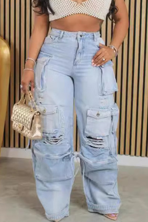 Light Blue Casual Solid Ripped Patchwork Pocket Buttons Zipper High Waist Loose Baggy Cargo Denim Jeans