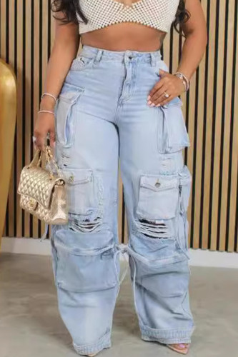 Jeans de mezclilla sueltos de cintura alta con cremallera y botones de bolsillo rasgados sólidos casuales azul claro