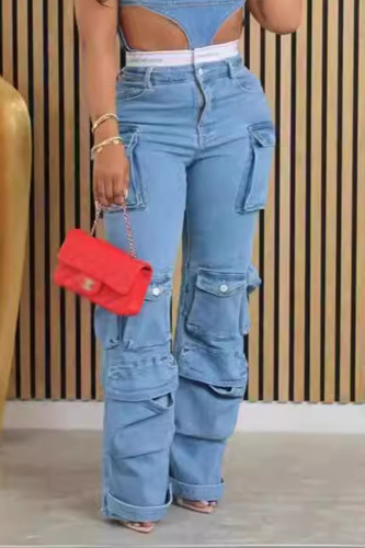 Azul Casual Sólido Patchwork Bolso Botões Zíper Plus Size Jeans