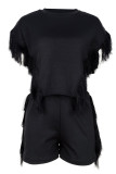 Black Casual Solid Tassel Patchwork Asymmetrical O Neck Short Sleeve Two Pieces