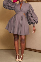 Vestidos cinza elegante estampado patchwork decote em V linha A