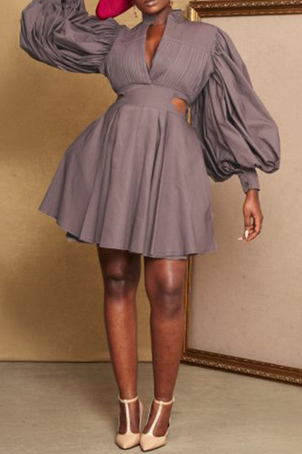 Grijze elegante print patchwork V-hals A-lijn jurken