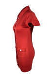 Rote, elegante, solide Patchwork-Kleider mit Taschenschnalle, Umlegekragen und einstufigem Rock