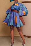 Vestidos azuis elegantes com estampa patchwork com decote em V e linha A
