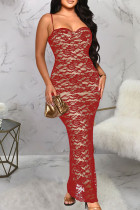 Rode sexy effen patchwork split spaghettibandjes sling-jurken