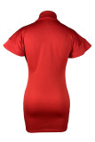 Robes jupe une étape rouge élégante en Patchwork solide avec boucle de poche et col rabattu